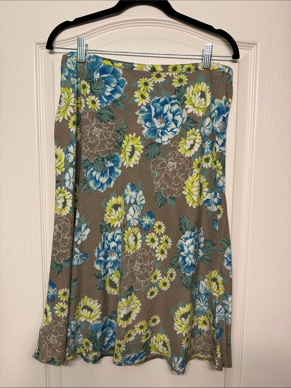Vintage Floral Circle Skirt in Taupe with Blue & Lime Blooms
